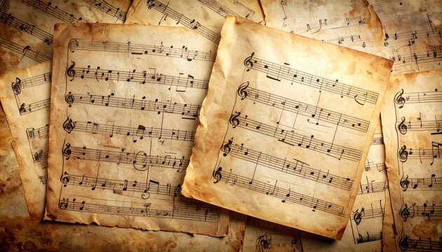Close Up of Aged Sheet Music with Brown Tones and Textured Paper Background