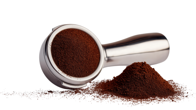 Ground Coffee Portafilter Freshly Ground Beans Against Checkered Background Still Life