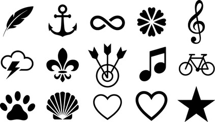 Feather anchor infinity flower music note cloud lightning bolt fleur de lis arrows target bicycle paw print shell hearts star