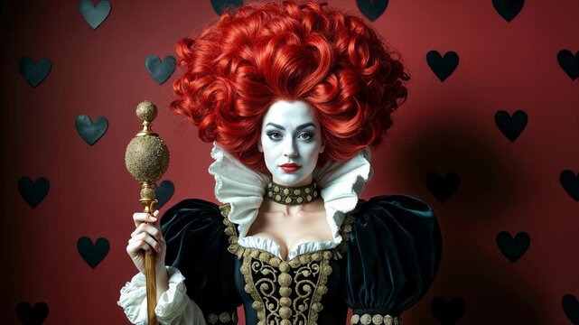 Queen of Hearts from Alice in Wonderland with dramatic red curly hair, white face paint and royal costume holding golden scepter. Classic fairy tale villain character with ornate makeup.