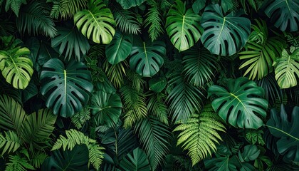 Close Up Of Lush Green Tropical Foliage And Monstera Leaves With Textured Background