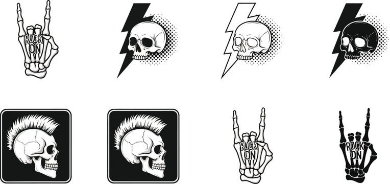 Rock and roll skull vector illustration set with skeleton hand and lightning bolt graphic design elements vector