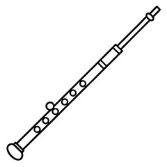 Detailed black line art illustration of a musical flute with keys and holes isolated on white background