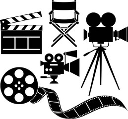 Vintage film making equipment collection with cameras and clapperboard movie cinema