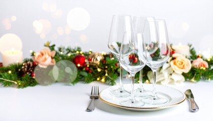 Elegant Christmas Table Setting with Wine Glasses Plate Silverware and Festive Garland on White Surface
