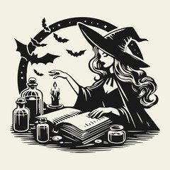 Black and white flat vector illustration of an elegant witch casting a spell over a candle. Mysterious Halloween design with magic and gothic atmosphere.