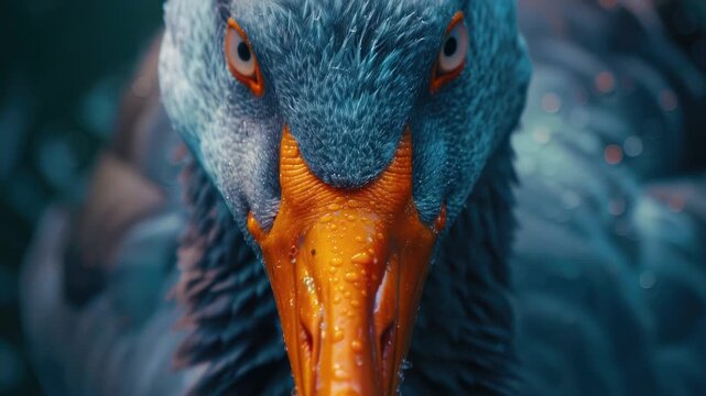 A close-up shot of a duck's face, blurred background