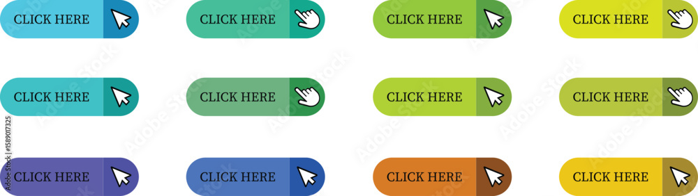Poster click here button icon set.pointer click button. modern action button mouse click symbol. computer m