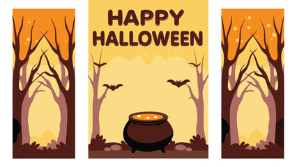 Happy halloween scene with cauldron, bats, and bare trees in a spooky forest landscape style design
