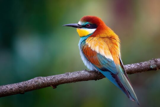 A vibrant European beeeater perched on a branch with its colorful plumage displayed against a blurred green background