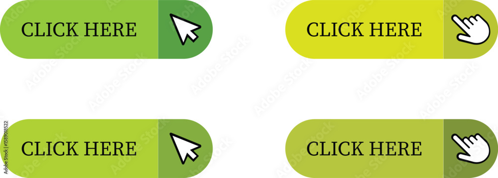 Fototapete Click Here Button Icon set.Pointer Click button. Modern action button mouse click symbol. Computer mouse click cursor or Hand pointer symbol. Cursor arrow icon. Clicking finger. Vector illustration.