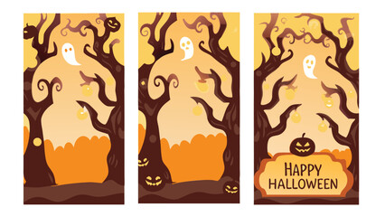 Three halloween themed cards with ghosts pumpkins and trees in a spooky orange and brown color scheme