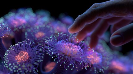 Futuristic Hand Touching Glowing Bioluminescent Marine Creatures in Dark Environment