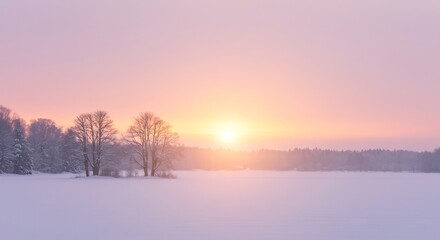 Sanfter Sonnenaufgang taucht verschneite Landschaft in zartes Rosa Winteridylle friedlich ruhig. AI Generated