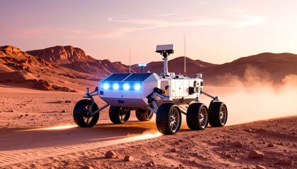 Fototapeta premium Mars Rover Exploring Red Planet Terrain Under Dramatic Sunset Lighting
