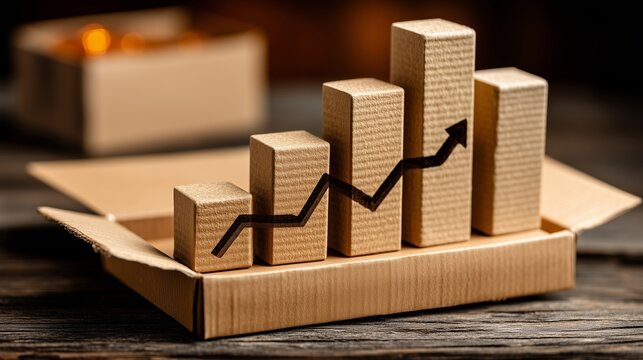 Cardboard bar chart with growth arrow on box
