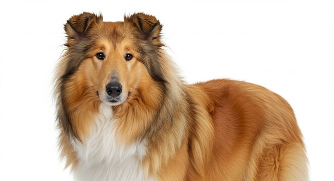 H&uuml;bscher Collie posiert ruhig vor wei&szlig;em Hintergrund weiches Licht betont sein Fell. AI Generated