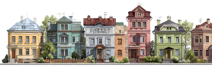 Colorful row of vintage houses showcasing unique architectural styles and vibrant facades in a serene neighborhood
