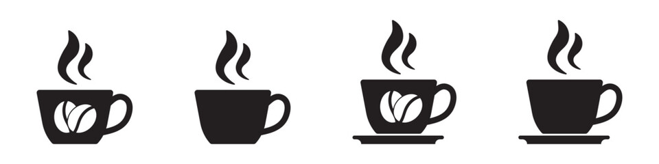 Set of four Coffee Cup icons isolated on transparent background. Coffee beans on cup design vector illustration. Coffee cup with steam vector illustration. Aroma Coffee icons.