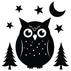 Black owl crescent moon stars forest night silhouette