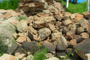Urban Archaeology Site Showing Layers Of Old Brickwork And Soil In Historical Excavation Area....
