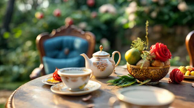 Whimsical Alice in Wonderland tea party scene with colorful ornate chairs around table in magical garden. Mad Hatter style setup with fine china and hanging decorations creates fairytale atmosphere.