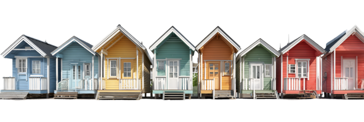 Colorful row of charming small houses with unique designs, set against a clear blue sky
