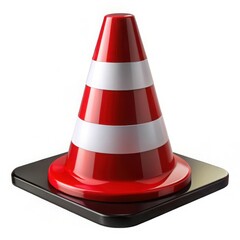 Bright red and white traffic cone standing on a black square base isolated on white background