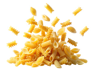 Pile of assorted uncooked pasta shapes falling and swirling against a black background A I isolated on a transparent background