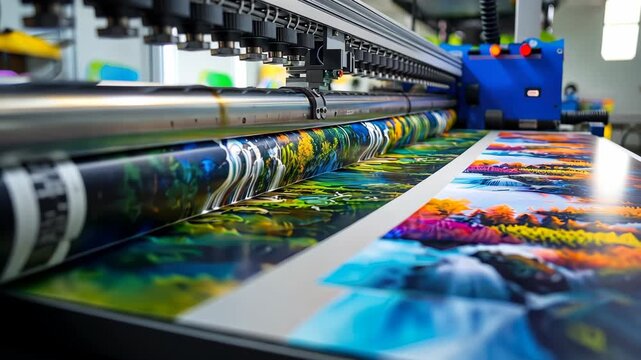 High-tech printer produces vivid designs featuring landscapes with water and trees, highlighting the creative printing process