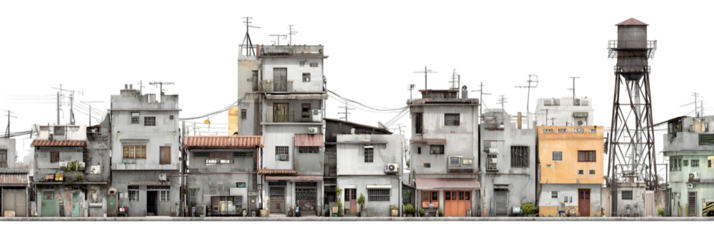 Urban landscape featuring a row of diverse buildings with varying architectural styles and a water tower