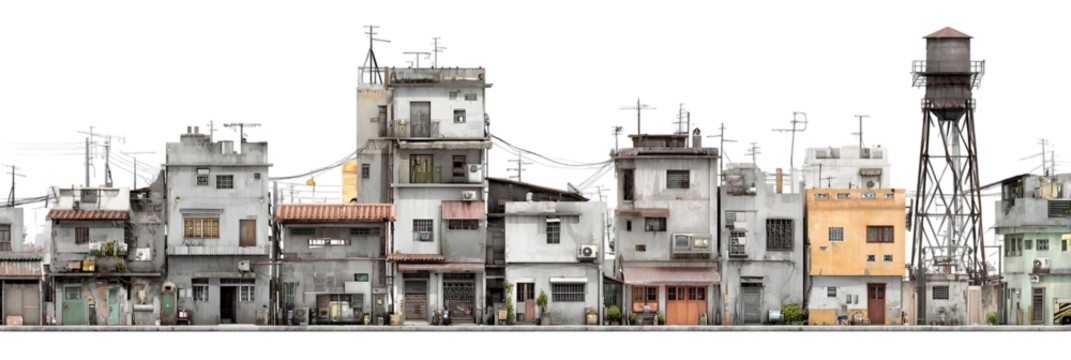 Urban landscape featuring a row of diverse buildings with varying architectural styles and a water tower