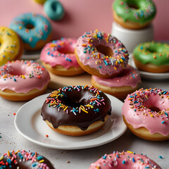 Colorful Donuts with Icing and Sprinkles on Plates