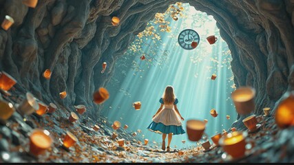 Alice falling down rabbit hole with floating teacups, playing cards and objects. Alice in Wonderland inspired surreal fantasy scene with whimsical tunnel effect. - Powered by Adobe