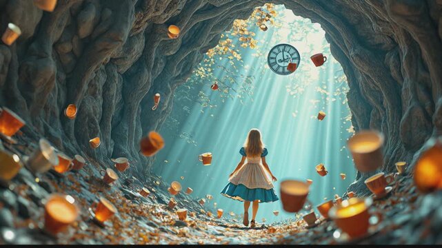 Alice falling down rabbit hole with floating teacups, playing cards and objects. Alice in Wonderland inspired surreal fantasy scene with whimsical tunnel effect.