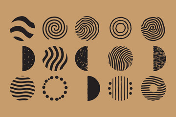 Collection of abstract black graphic circles and semicircles with varied patterns on a beige background