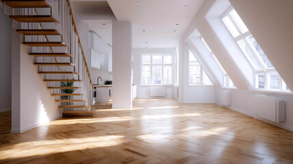 Triangular light beams in a contemporary loft space with polished floorboards
