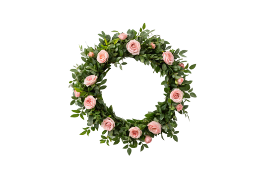 Pink rose and greenery wreath with eucalyptus leaves in decorative circle arrangement, isolated on a transparent background