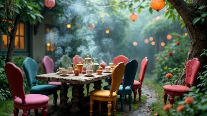 Whimsical Alice in Wonderland tea party scene with colorful ornate chairs around table in magical garden. Mad Hatter style setup with fine china and hanging decorations creates fairytale atmosphere.