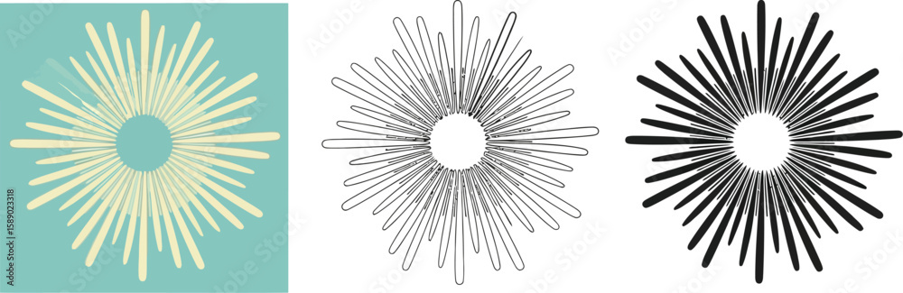 Fototapete sunburst vector graphic design element with line art and color versions for designers and creatives 