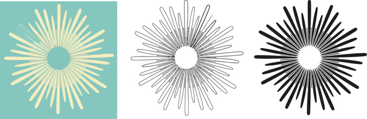 Obraz premium Sunburst vector graphic design element with line art and color versions for designers and creatives vector