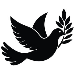 Black silhouette of a dove with olive branch in beak flying bird peace