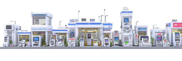Naklejka premium Modern gas station with multiple fuel pumps, convenience store, and digital displays in a busy urban area