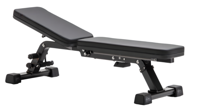 Adjustable workout bench for strength training in a well-lit gym with fitness equipment in the background