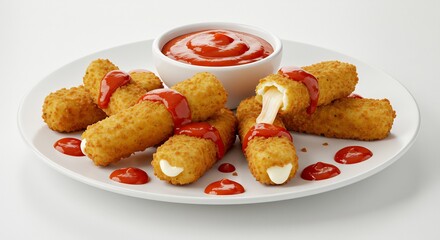 Knackige Mozzarella Sticks leuchten goldgelb mit Tomatensoße auf weissem Teller. AI Generated