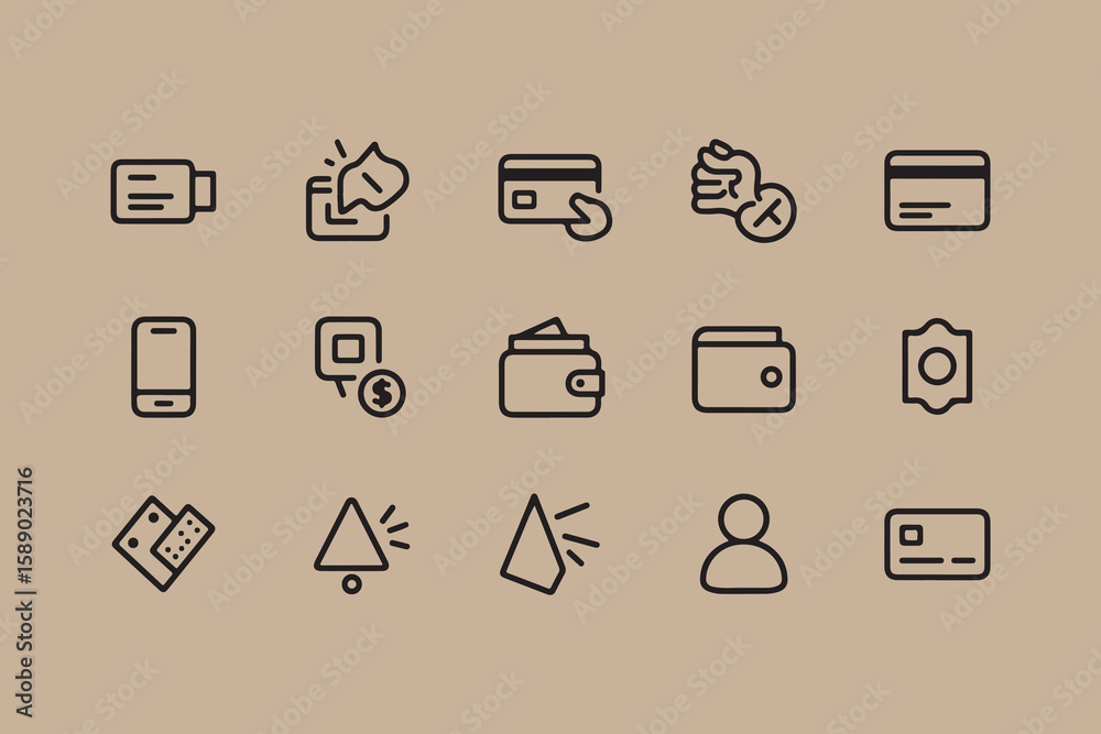 Poster collection of modern line art icons representing financial transactions payment methods and user int