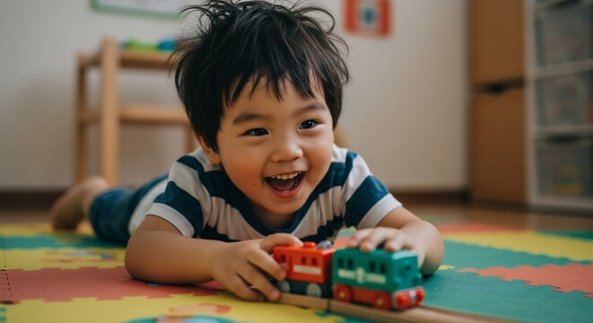 Enfant joyeux joue train bois lumiere douce. AI Generated