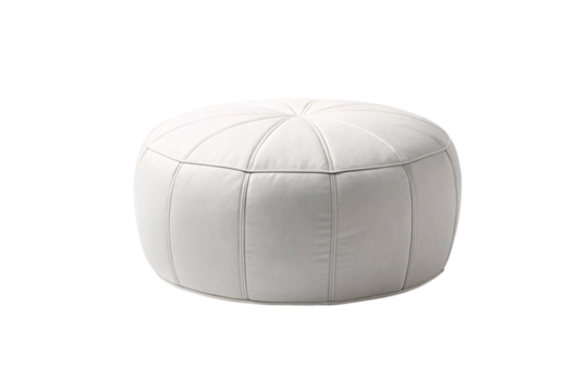 Light gray leather ottoman with tufted design and traditional Moroccan-style curved silhouette, isolated on a transparent background