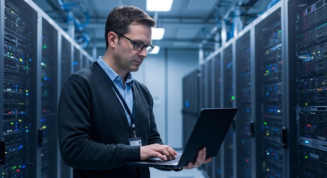 IT Specialist Working on Laptop in Modern Data Center Server Room - Powered by Adobe