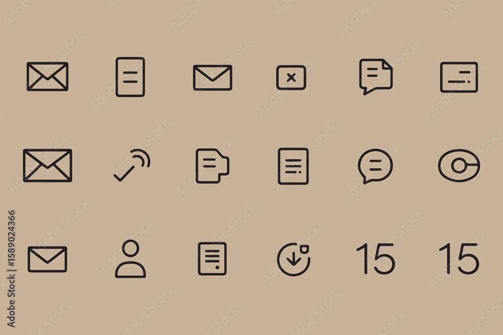 Poster collection of modern minimalist line art icons representing communication messages documents and use